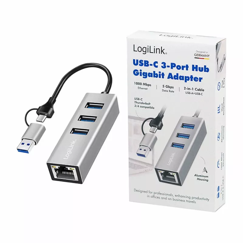 Logilink UA0440 USB 3.2 Gen 1 3-port hub s Gigabit Ethernet adaptérom, USB-C a USB-A konektor, hliník