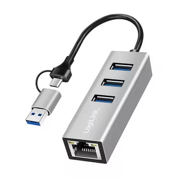 Logilink UA0440 USB 3.2 Gen 1 3-port hub s Gigabit Ethernet adaptérom, USB-C a USB-A konektor, hliník