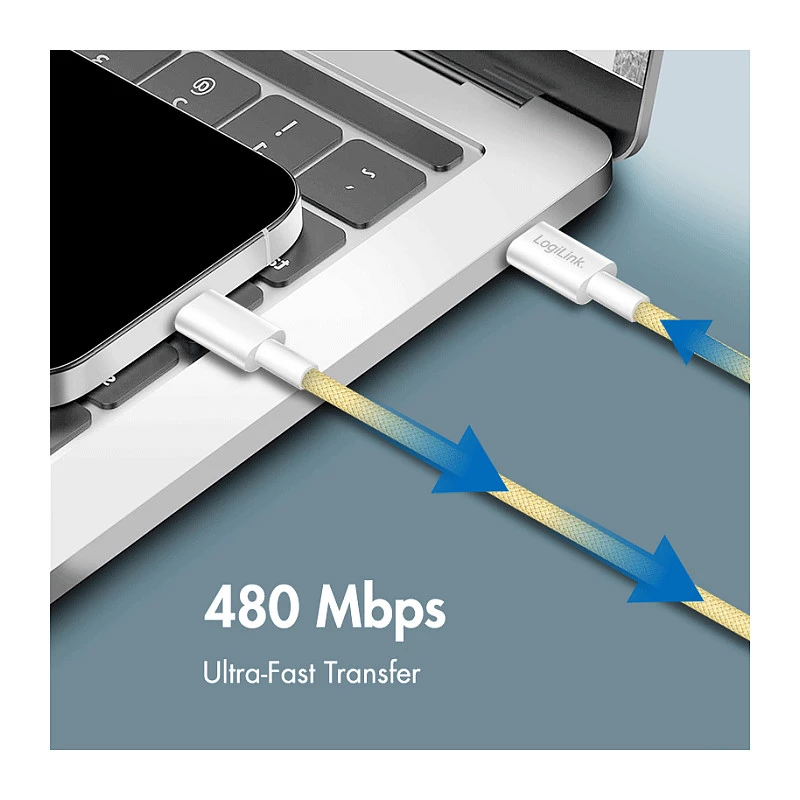 LogiLink USB 2.0 Type-C kábel, C/M na C/M, 480 Mbps, 60W, nylon, žltý, 0,5 m