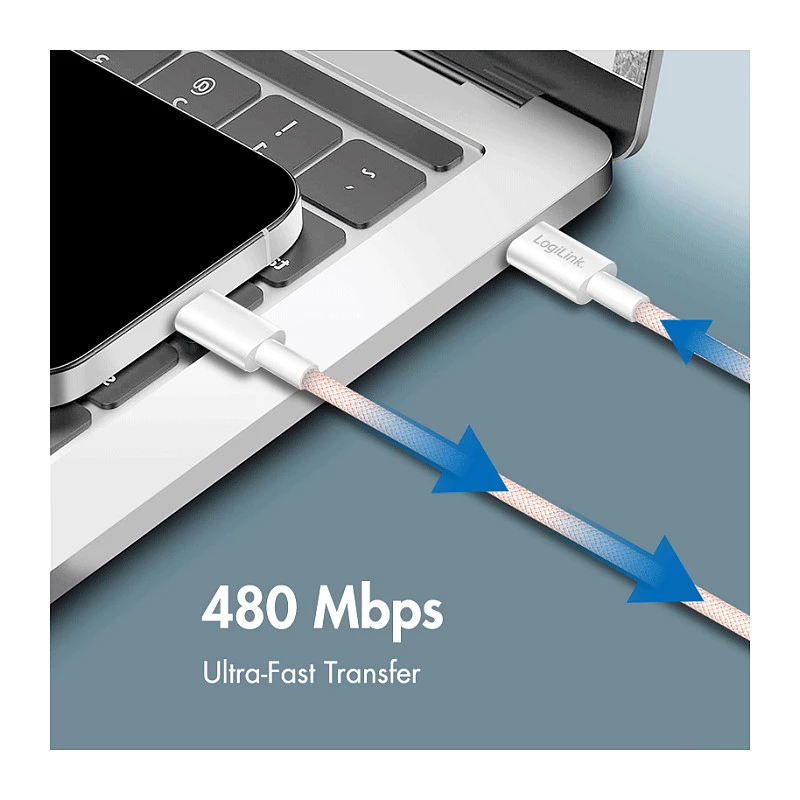 LogiLink USB 2.0 Type-C na Type-C kábel, 1m, 60W Power Delivery, nylon pletený, ružová