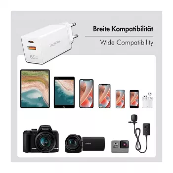 Logilink USB-A/C nabíjačka 65 W GaN, 1x USB-A (QC), 1x USB-C (PD), biela