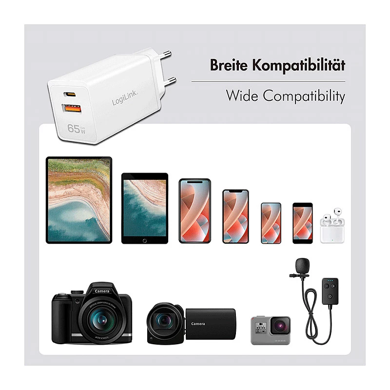 Logilink USB-A/C nabíjačka 65 W GaN, 1x USB-A (QC), 1x USB-C (PD), biela