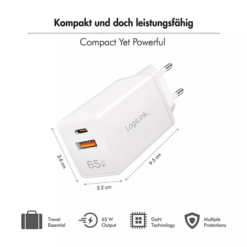 Logilink USB-A/C nabíjačka 65 W GaN, 1x USB-A (QC), 1x USB-C (PD), biela
