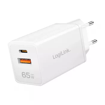 Logilink USB-A/C nabíjačka 65 W GaN, 1x USB-A (QC), 1x USB-C (PD), biela