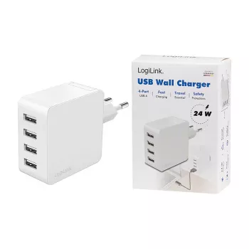 Logilink USB-A nabíjačka, 24 W, 4 porty, 4x USB-A, biela