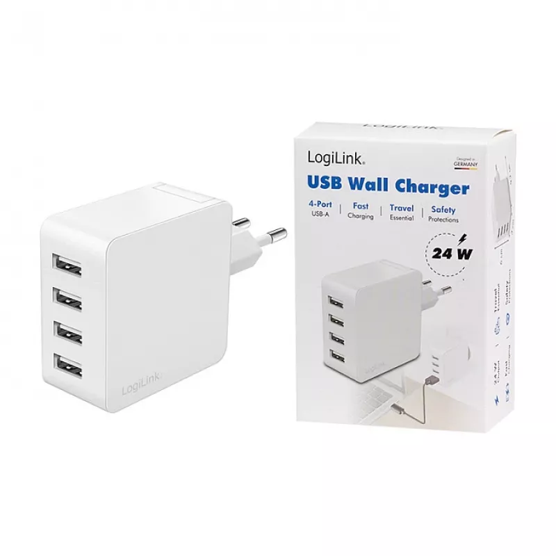 Logilink USB-A nabíjačka, 24 W, 4 porty, 4x USB-A, biela