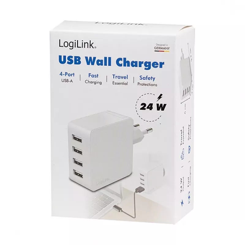 Logilink USB-A nabíjačka, 24 W, 4 porty, 4x USB-A, biela