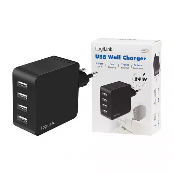 LogiLink USB-A nástenná nabíjačka, 24W, 4-portová, 4x USB-A, čierna