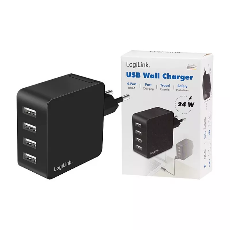 LogiLink USB-A nástenná nabíjačka, 24W, 4-portová, 4x USB-A, čierna