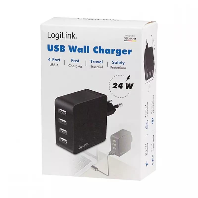 LogiLink USB-A nástenná nabíjačka, 24W, 4-portová, 4x USB-A, čierna