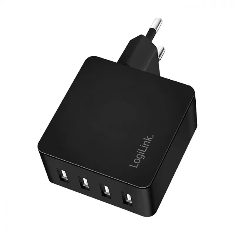 LogiLink USB-A nástenná nabíjačka, 24W, 4-portová, 4x USB-A, čierna