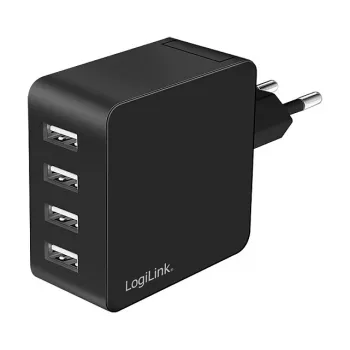 LogiLink USB-A nástenná nabíjačka, 24W, 4-portová, 4x USB-A, čierna