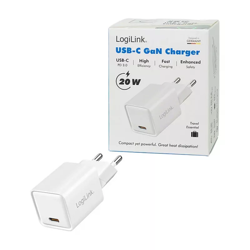 LogiLink USB-C nabíjačka 20 W GaN, 1 port, USB Power Delivery, biela