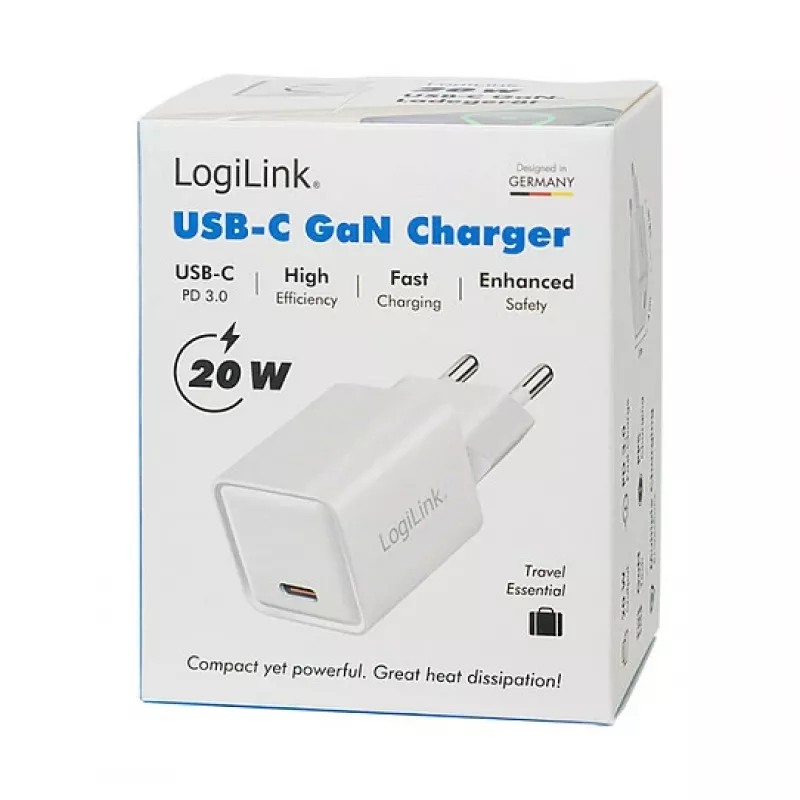 LogiLink USB-C nabíjačka 20 W GaN, 1 port, USB Power Delivery, biela