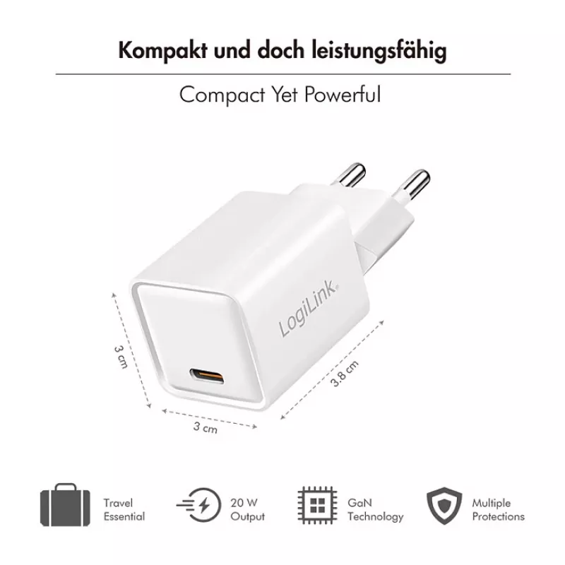 LogiLink USB-C nabíjačka 20 W GaN, 1 port, USB Power Delivery, biela
