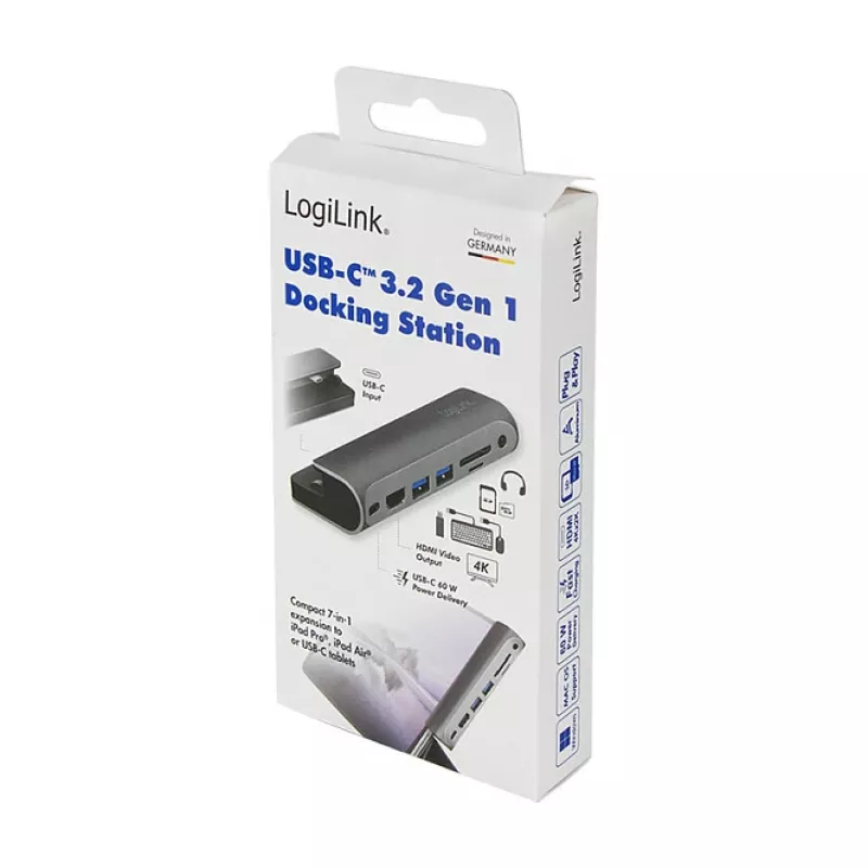 LogiLink UA0385 USB-C dokovacia stanica, 7 portov, USB 3.2 Gen1, PD, 4K HDMI, SD/microSD, 3,5 mm, pre iPad, hliník
