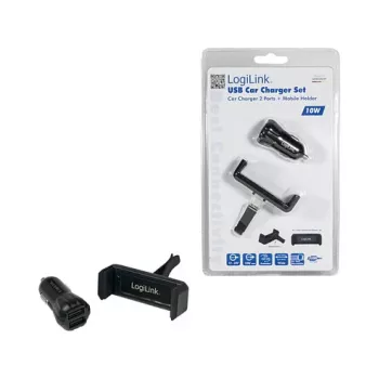 LogiLink USB auto nabíjačka set, 2-portová nabíjačka + držiak