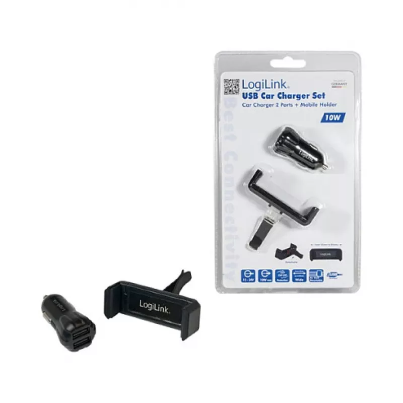 LogiLink USB auto nabíjačka set, 2-portová nabíjačka + držiak