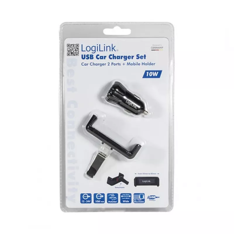 LogiLink USB auto nabíjačka set, 2-portová nabíjačka + držiak