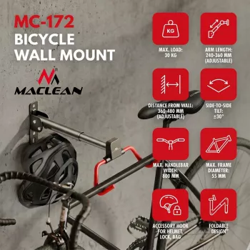 MACLEAN MC-172 horizontálny nástenný držiak na bicykel, oceľ, nosnosť 30 kg, nastaviteľný uhol, skladací, čierny
