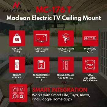 Maclean MC-176 T Elektrický stropný držiak na televízor s Tuya Smart Control, VESA 200x200 až 800x400, pre 43-86 palcové televízory, nosnosť 55 kg, čierny