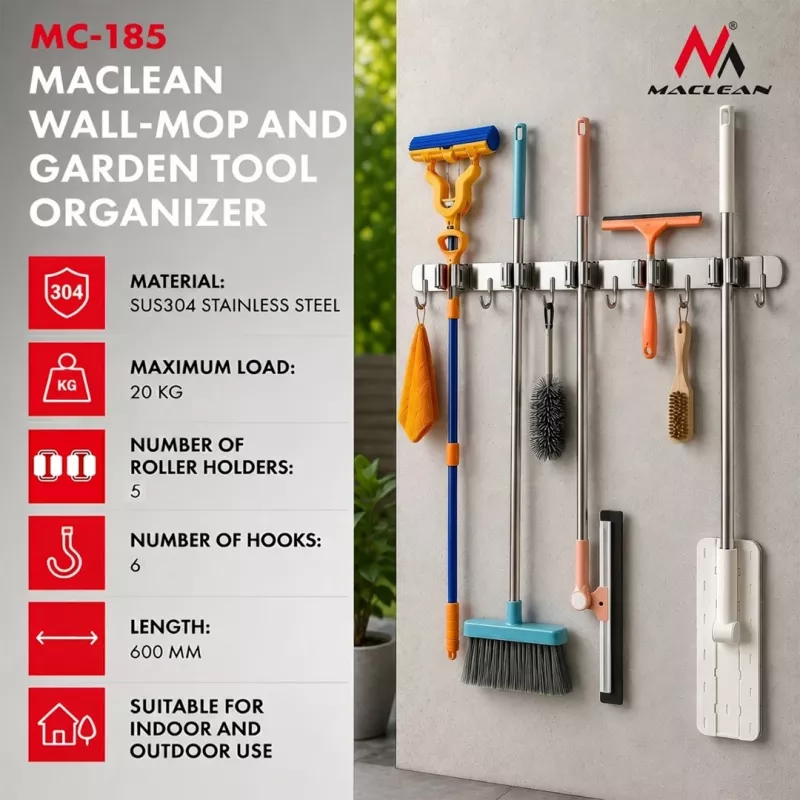 Maclean MC-185 nástenný organizér na náradie pre záhradné náradie a mopy, oceľ, 60 cm, nosnosť 20 kg, s háčikmi