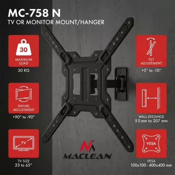Maclean MC-758 N Pevný držiak pre 23-65 palcové televízory a monitory, 30 kg, VESA 400x400, čierny