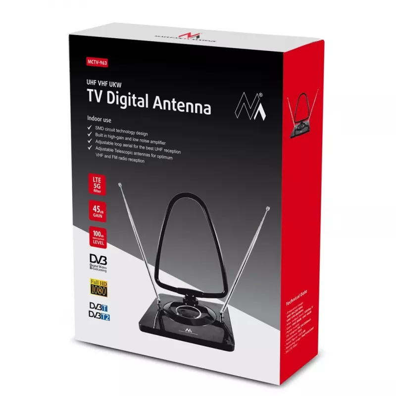 Maclean MCTV-963 vysokozisková interiérová anténa nízky šum digitálna analógová Freeview FM DVB silná 45dB DVB-T/T2 H.265 HEVC