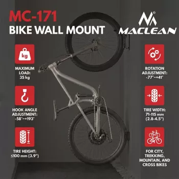 Maclean nástenný držiak na bicykel, max. zaťaženie 35 kg, nastaviteľný uhol sklonu, oceľ, MC-171