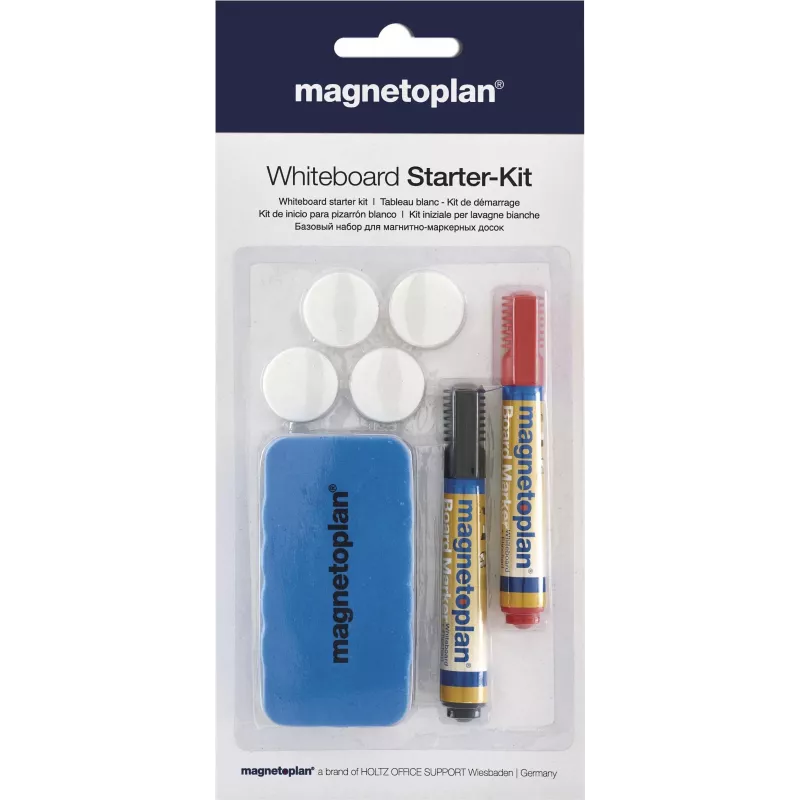 MAGNETOPLAN HOLTZ 37102 sada príslušenstva k bielej tabuli – magnetický zmazávač, 4 magnety, 4 fixky (čierna/červená)