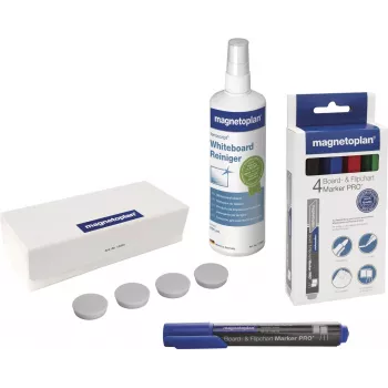 MAGNETOPLAN HOLTZ Magnetoplan 12299N sada príslušenstva k bielej tabuli – 4 suché stierateľné fixky, 250 ml čistiaca kvapalina, magnetická stierka, 10 utierok, čierna