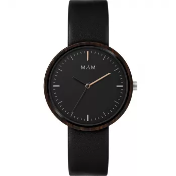 MAM MAM642 unisex 39 mm teakové drevené hodinky s čiernym koženým remienkom