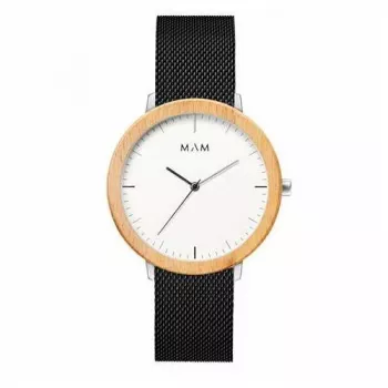 MAM MAM687 unisex 39 mm hodinky z teakového dreva s čiernym koženým remienkom