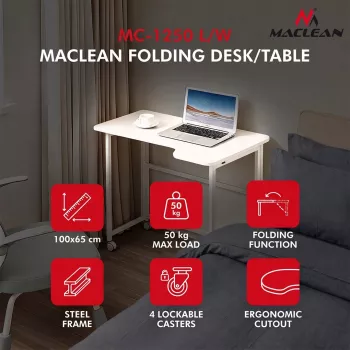 MCN Maclean skladací stôl v tvare L biela 100x65 cm mobilný s aretovateľnými kolieskami MC-1250 L/W