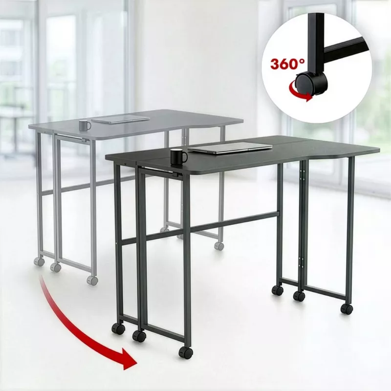 MCN Maclean MC-1250 L/B skladací L-shaped rohový písací stôl, čierny, mobilný, 100x65 cm, max 50 kg
