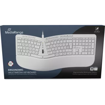 MediaRange MROS272 ergonomická káblová klávesnica, split dizajn, 124 klávesov, integrované koliesko posúvania, biela