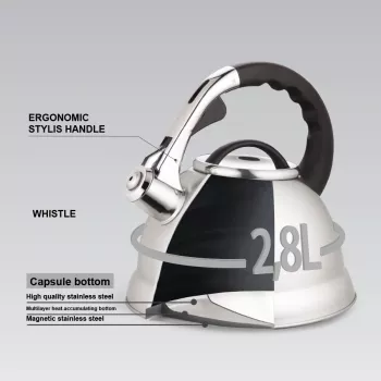 MEO Stovetop Kettle 2.8L MR-1328 MAESTRO kanvica na sporák z nehrdzavejúcej ocele s píšťalkou a tepelne odolnou bakelitovou rukoväťou, vhodná na indukciu a všetky typy sporákov, strieborná