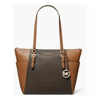 Michael Kors Carmen dámska ramenná kabelka - hnedá saffiano koža so zlatými kovaniami (25x28x11 cm)