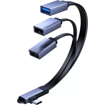MicroConnect USB-C zahnutý rozbočovací kábel, 3x USB-A 3.0, 0,15 m, čierny