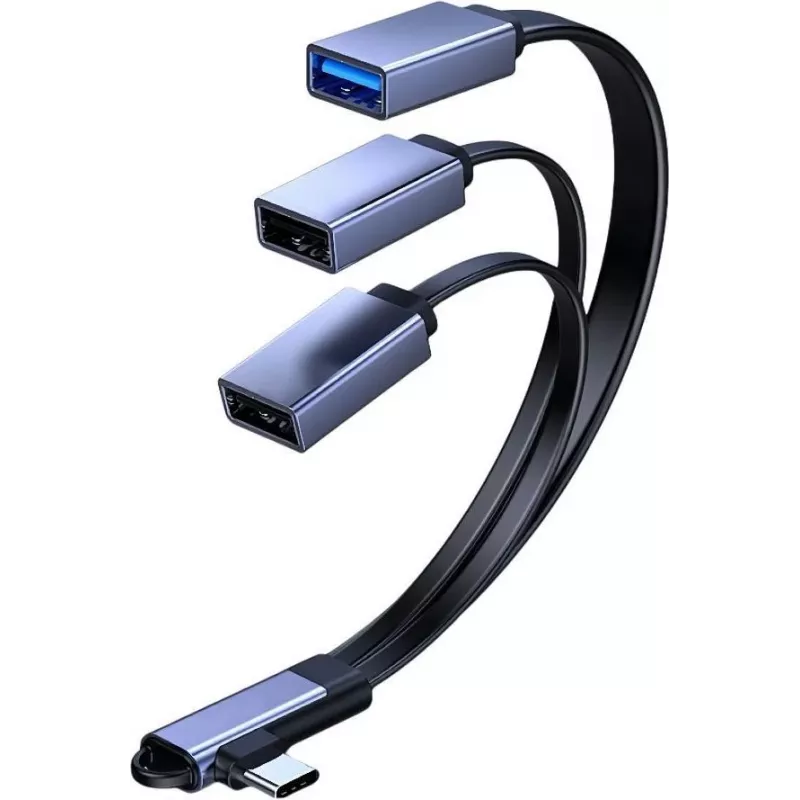 MicroConnect USB-C zahnutý rozbočovací kábel, 3x USB-A 3.0, 0,15 m, čierny
