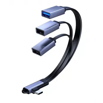 MicroConnect USB-C zahnutý rozbočovací kábel, 3x USB-A 3.0, 0,15 m, čierny
