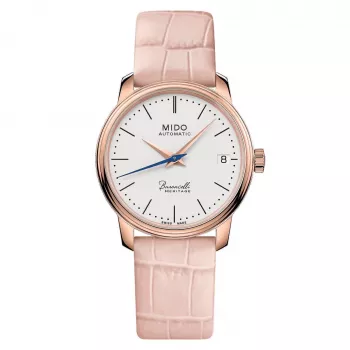 MIDO Baroncelli III Lady automatické hodinky 33mm ružové zlato PVD nehrdzavejúca oceľ strieborný ciferník hnedý kožený remienok M027207360100