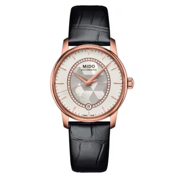 MIDO Baroncelli III Lady automatické hodinky 33mm ružové zlato PVD biely perleťový ciferník s diamantovými indexmi biely kožený remienok