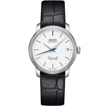 MIDO Baroncelli Lady automatické hodinky 33 mm nerezová oceľ biely ciferník čierny kožený remienok M027207160100