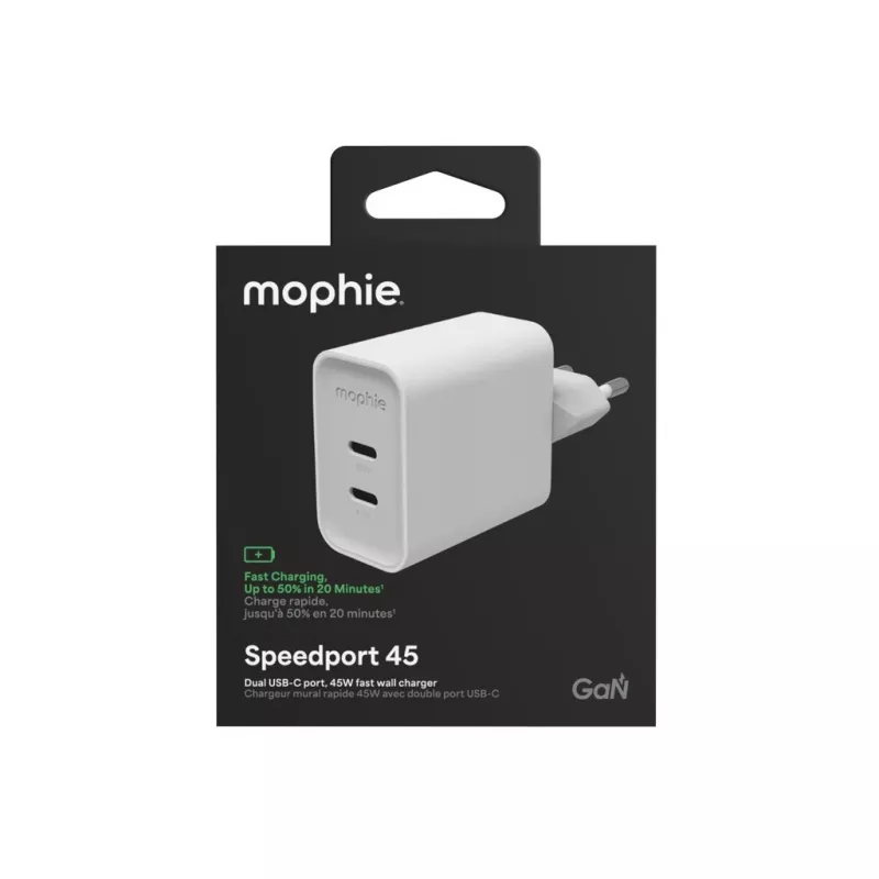 Mophie ROC GaN 45W duálna USB-C nástenná nabíjačka - biela