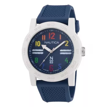 NAUTICA NAPATS304 pánske quartz analógové hodinky, 42,5mm puzdro z nehrdzavejúcej ocele, modrý silikónový remienok, vodotesnosť 100m