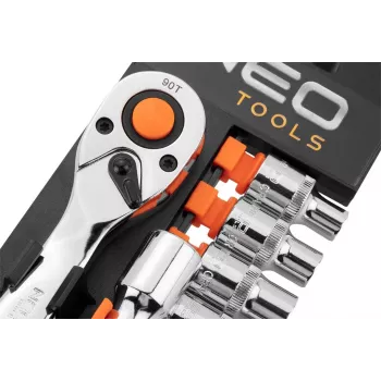 NEO Tools 10-030 219-dielna sada nástrčných kľúčov a kľúčov s 1/4 palca, 3/8 palca, 1/2 palca pohonom, račne, bity a príslušenstvo v plastovom kufríku