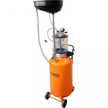 NEO TOOLS 10-811 mobilný pneumatický odsávač oleja s kontrolnou nádobou, 80L hlavná nádrž, 10L priehľadná nádoba, 6-8 bar tlak vzduchu, 4 otočné kolieska