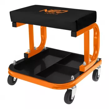 NEO TOOLS 11-604 pojazdná dielenská stolička s odkladacím priestorom na náradie, pneumatické nastavenie výšky 380-500 mm, nosnosť 135 kg, 5 otočných koliesok, vinylové sedadlo odolné voči oleju