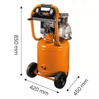 NEO TOOLS 12K010 vertikálny olejom mazaný vzduchový kompresor, 40 L nádrž, 230 V, 1,5 kW, 8 bar, 206 L/min sací výkon, kolesá a rukoväť